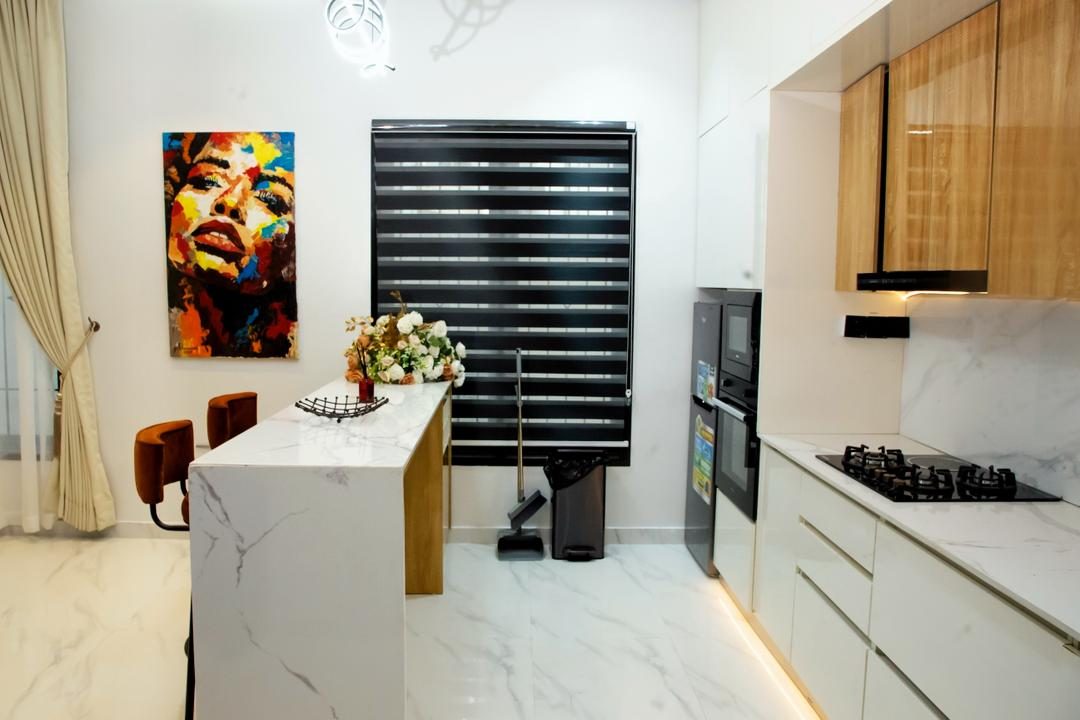 Marble breakfast island and original artwork, Apartment Alpha, Nimbus Nook Ikeja GRA