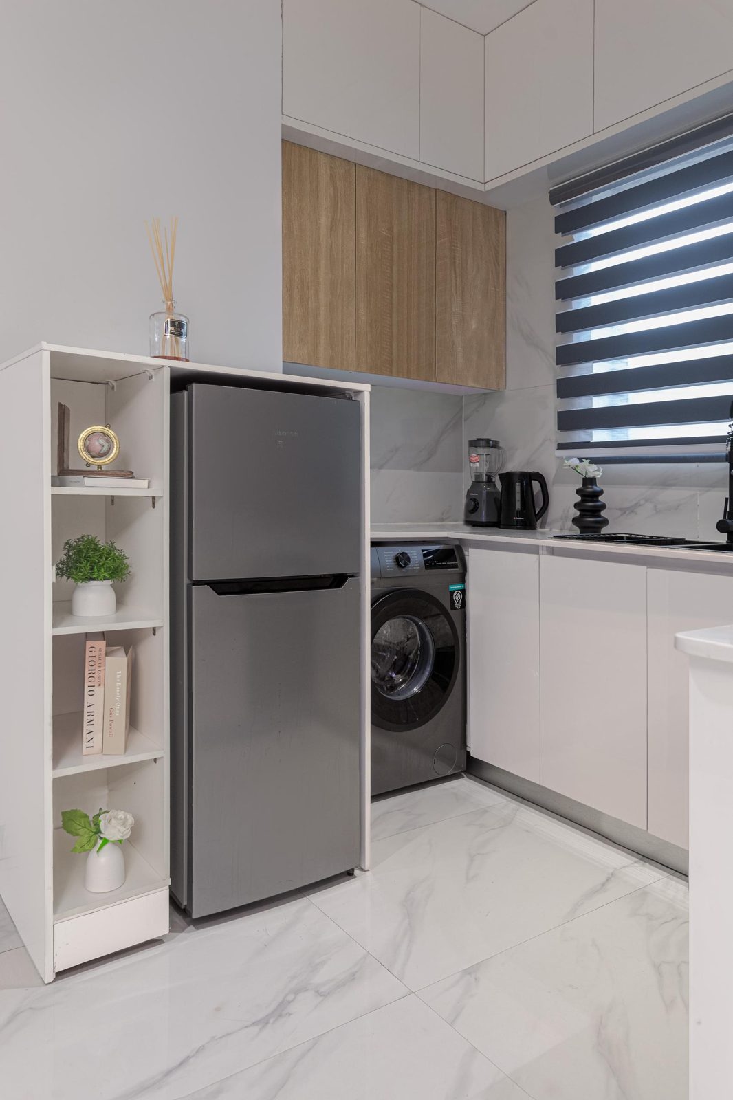 Kitchen with fridge and washing machine, Apartment Charlie, Nimbus Nook Ikeja GRA