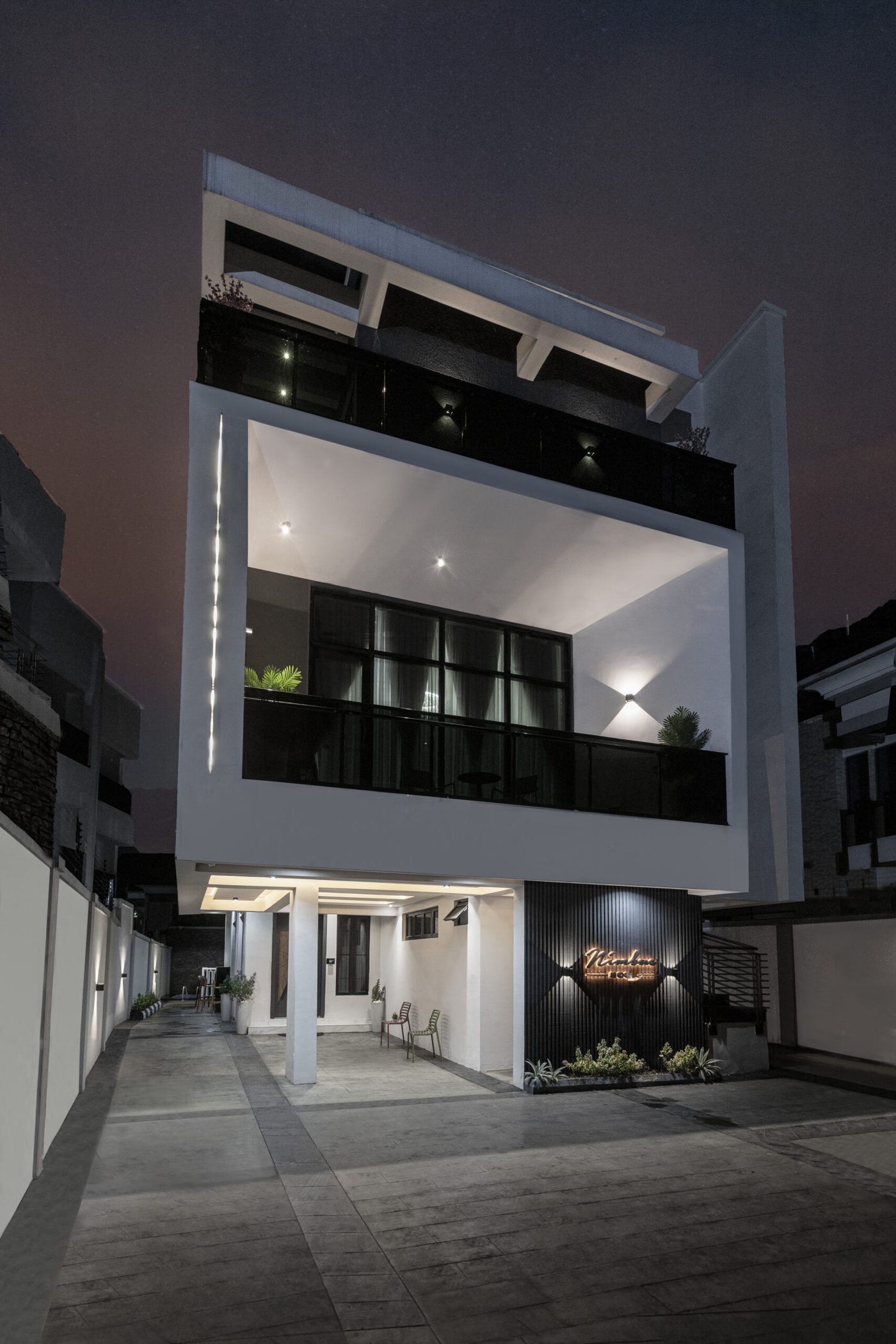 Nimbus Nook Apartments building in Ikeja GRA, Lagos, at night